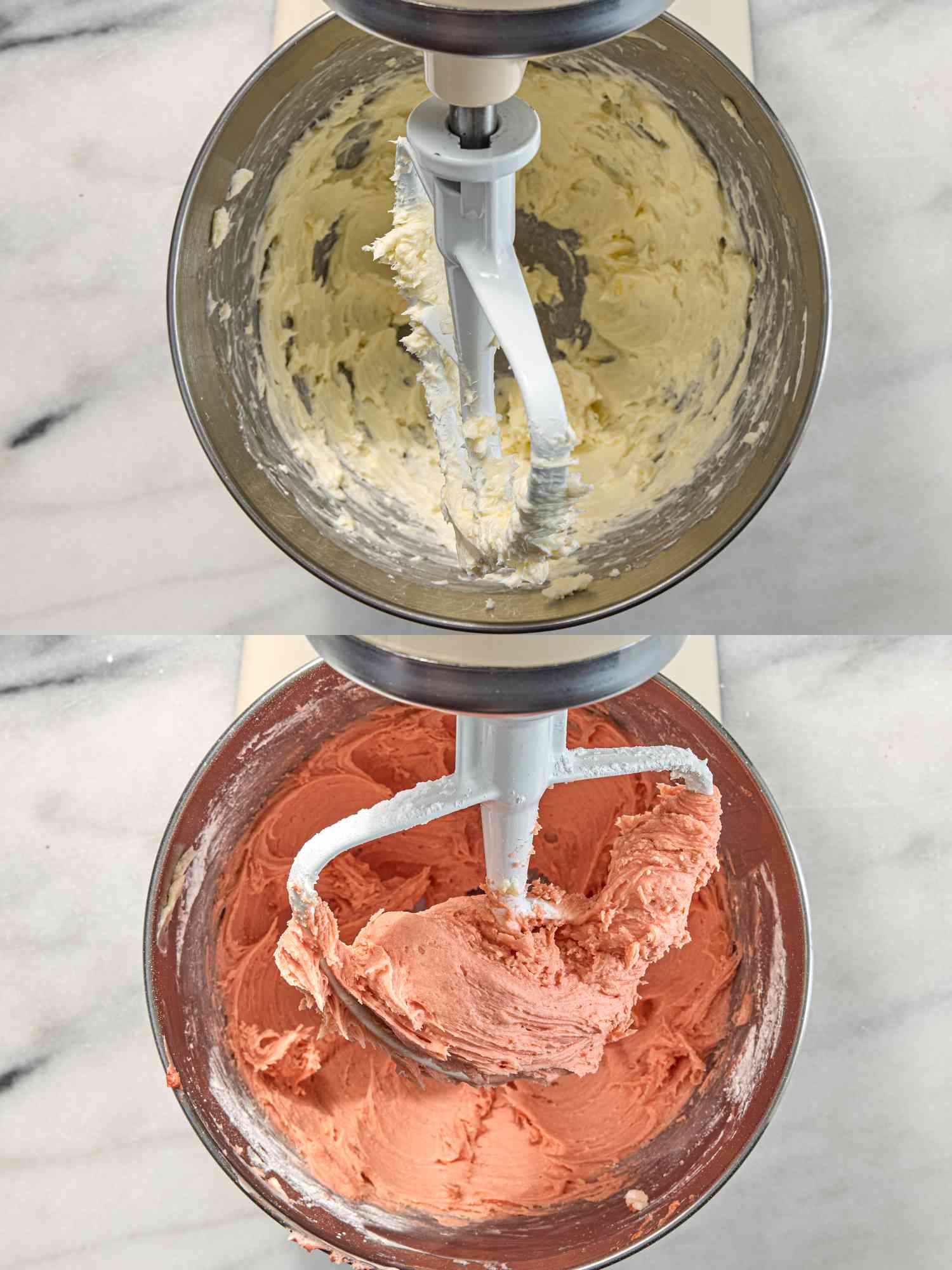 2 image collage. top: beating frosting mixture with a stand mixture. Bottom: adding frieze dried powder to mixture in stand mixer 
