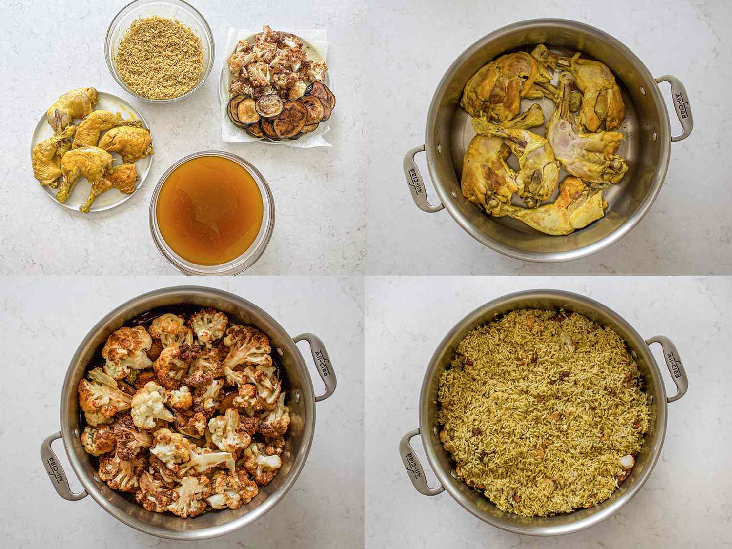 Four Image Collage. Clockwise from upper left: ingredients (chicken on a plate, rice in a bowl, fried vegetables, and broth) arranged neatly; Chicken layered in the pot; fried vegetables layered on top of the chicken in a pot; rice layered on top of vegetables and chicken in a pot. 