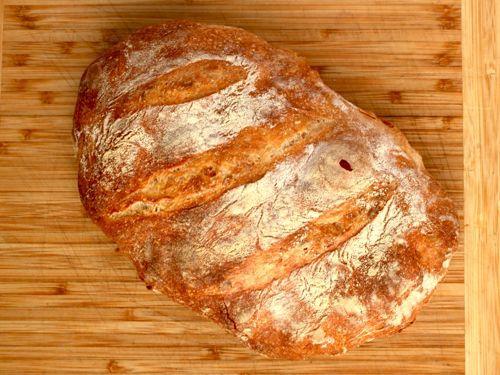 Overhead shot of rustic loaf of bread on wooden cutting board. 