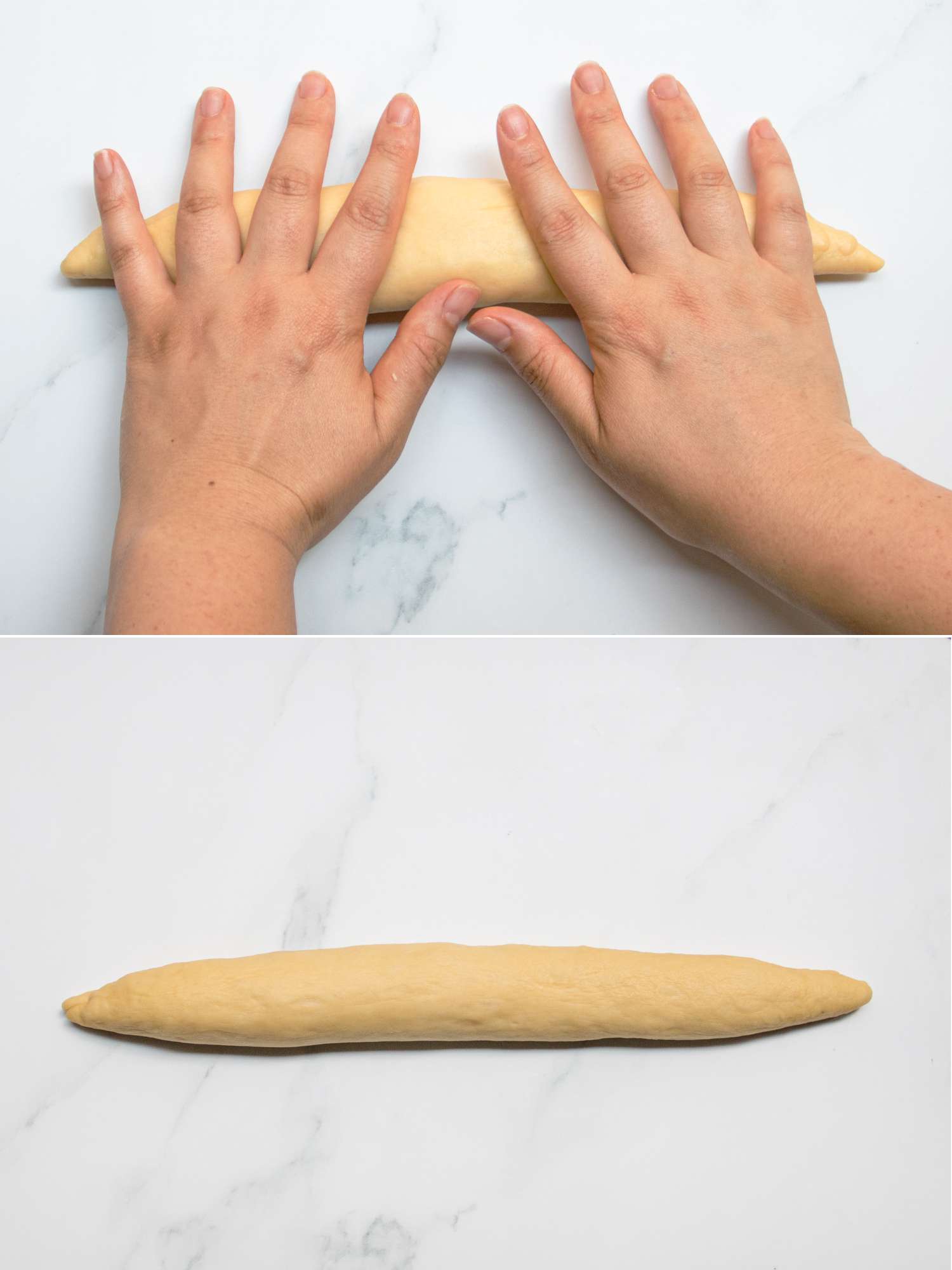 2 image collage. Top:Rolling dough into long strand. Bottom: finished long strand with tapered ends. 