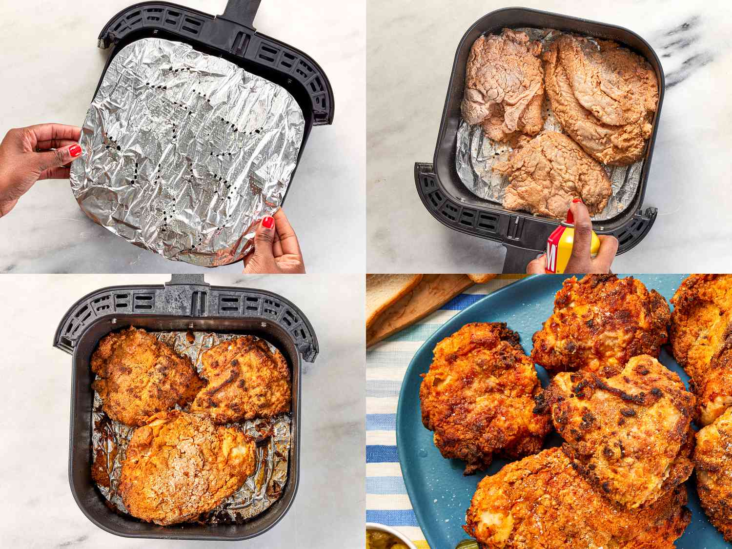 Four images of making air-fryer Southern fried chicken 