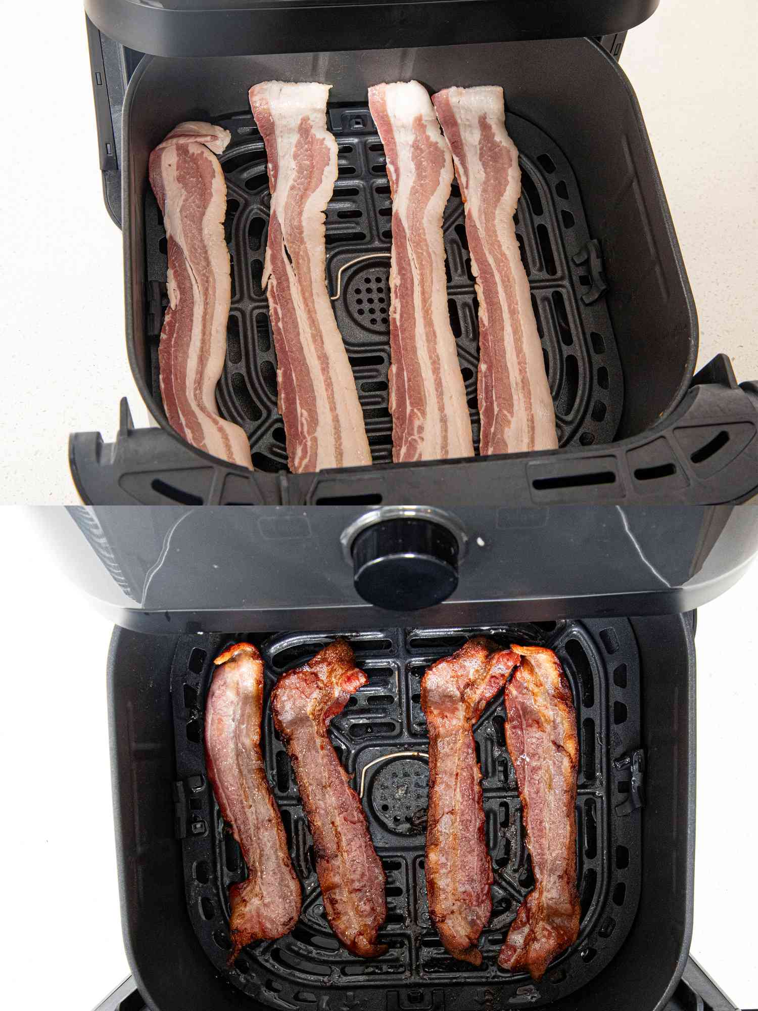 Two image collage of air fryer bacon
