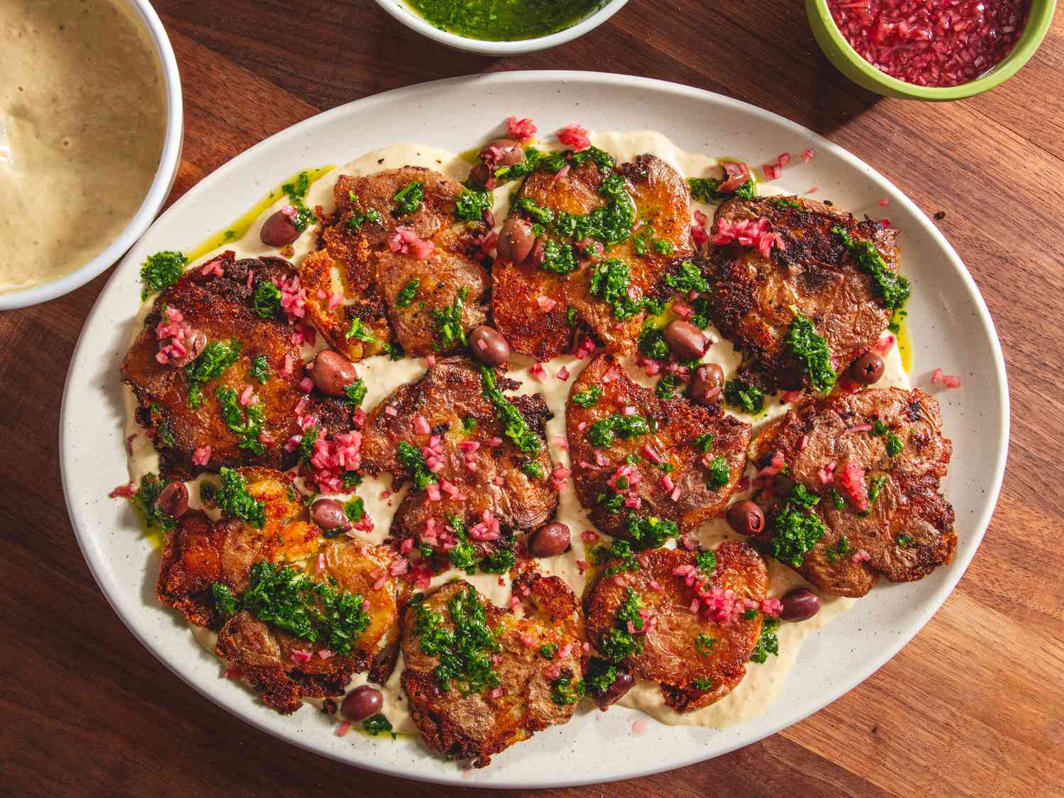 Smashed Double Sauce Potatoes on a platter