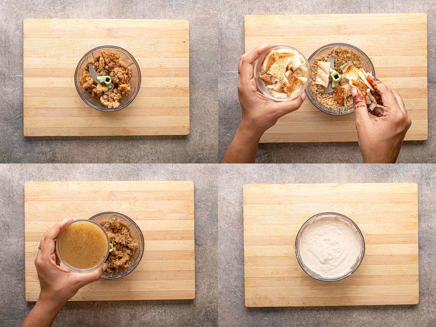 Stepbystep preparation of a dish on a wooden board showing ingredients being assembled in a glass bowl