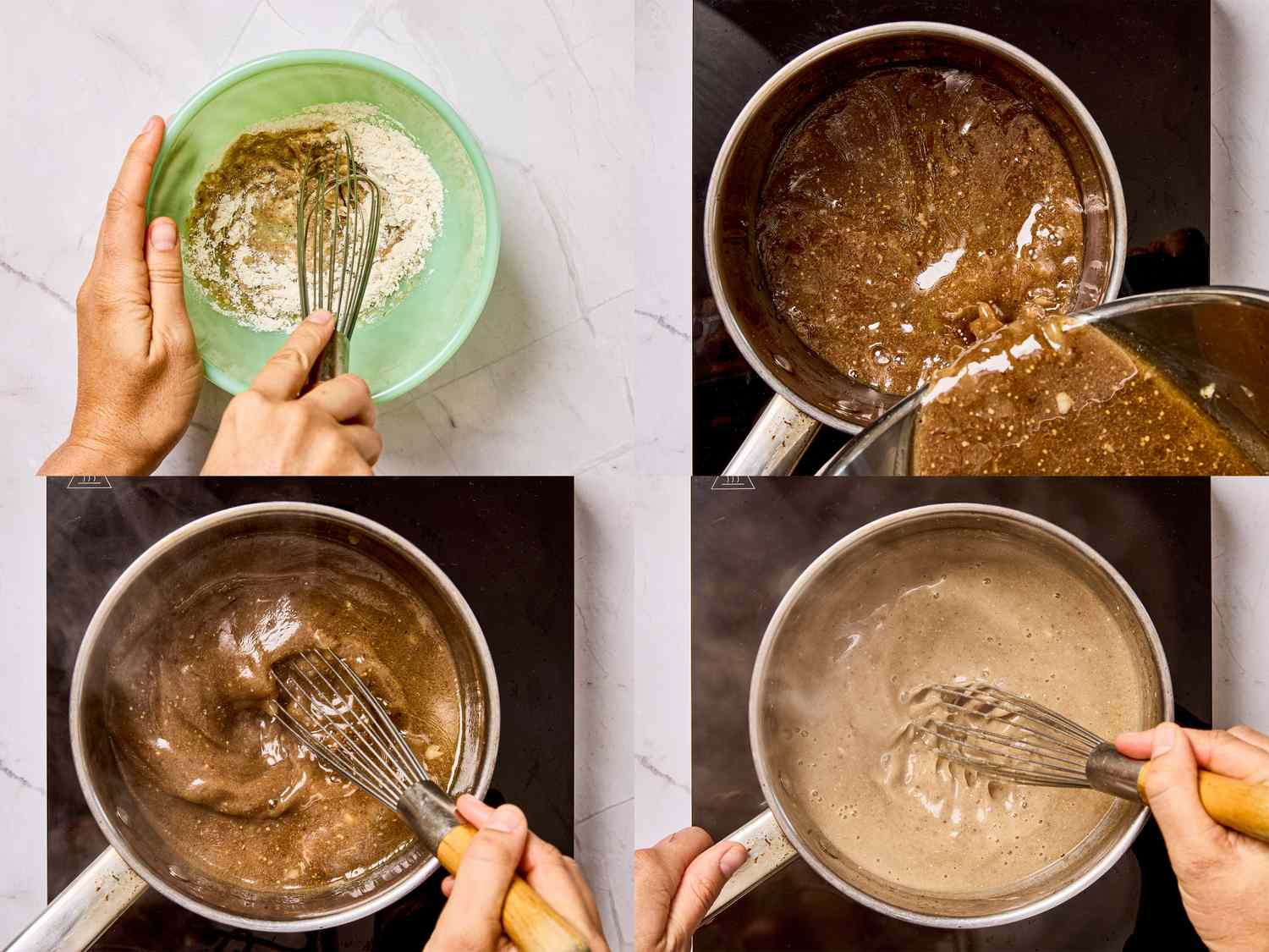 Steps in making a sauce mixture in a pot showing stirring and combining ingredients