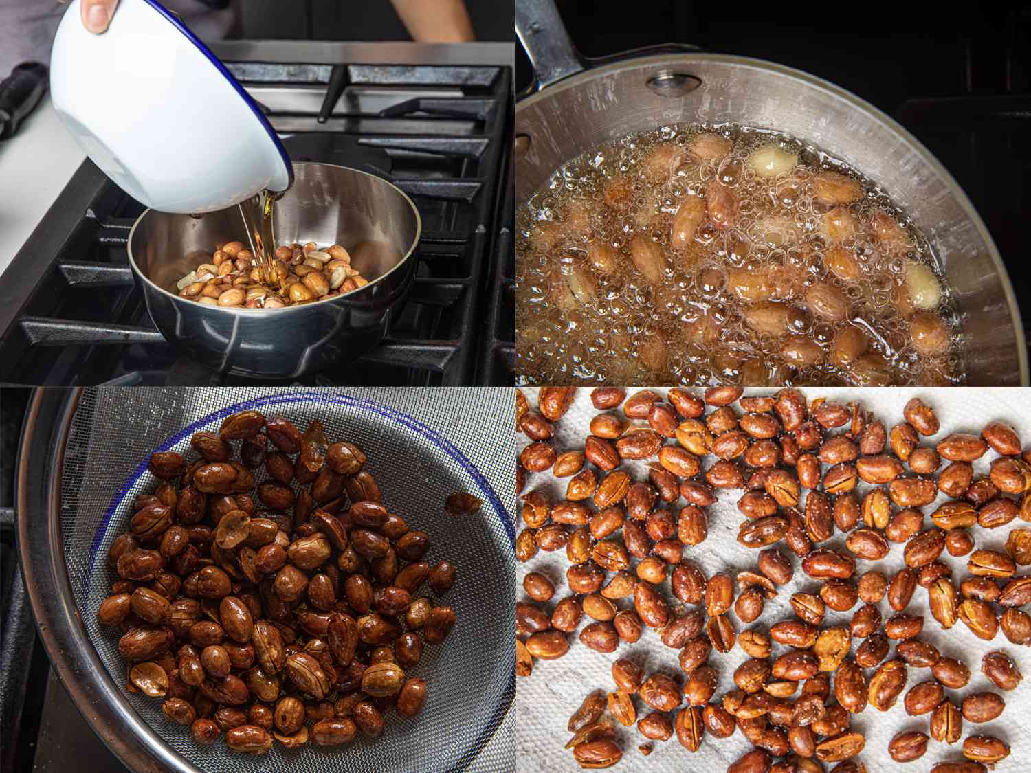 Four image Collage. Top Left: a hand pouring oil from a white bowl over peanuts in a pan. Top Right: peanuts boiling in oil. Bottom Left: darkened peanuts strained through a mesh strainer. Bottom right: salted roasted peanuts on a paper towel.
