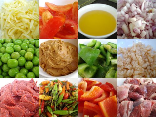 A grid of photos showing ingredients for kaldereta, including tomatoes, shallots, peas, bell peppers, chiles, and goat meat, among others. 