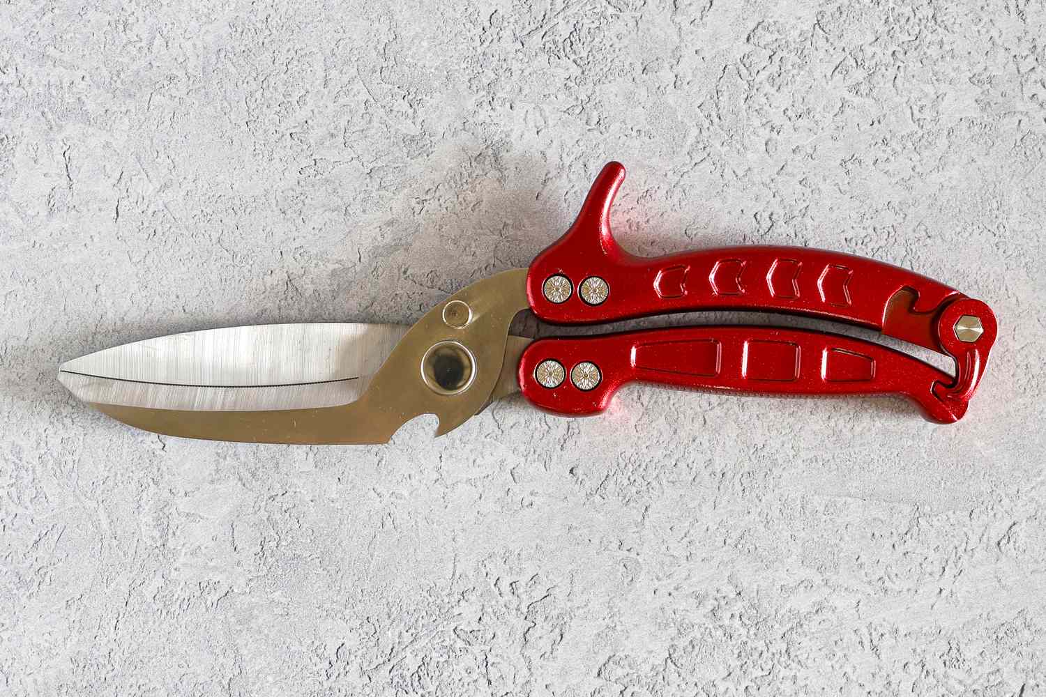 The Dragon Riot poultry shears laying on a gray countertop