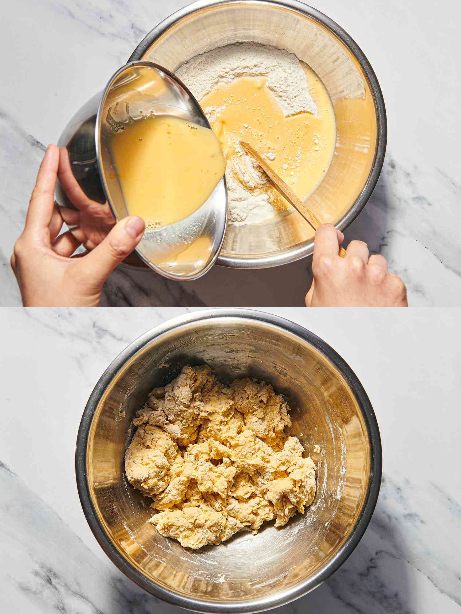 Two image collage of mixing dough together