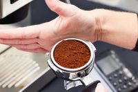 A person patting the coffee grinder from the Rancilio Silvia Espresso Machine