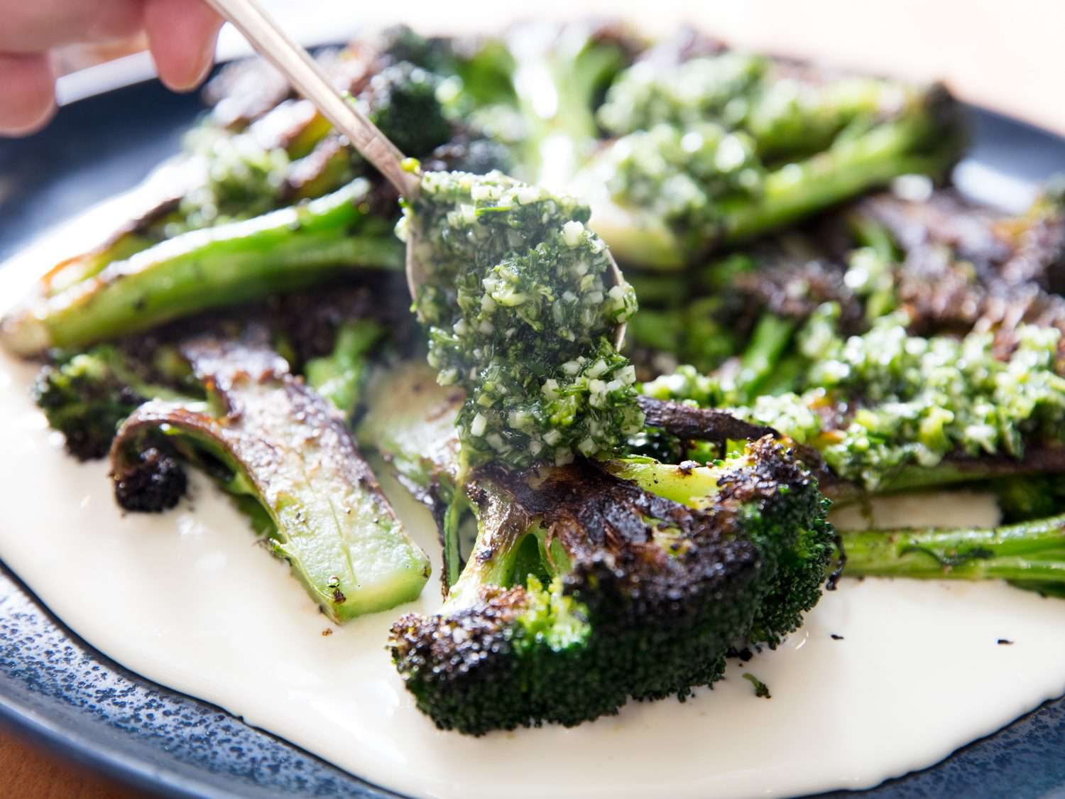 Spooning gremolata over charred broccoli, which has been draped over the Taleggio sauce.