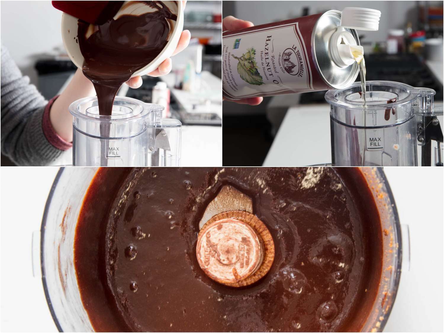 Collage of adding melted chocolate and and roasted hazelnut oil to the running food processor.