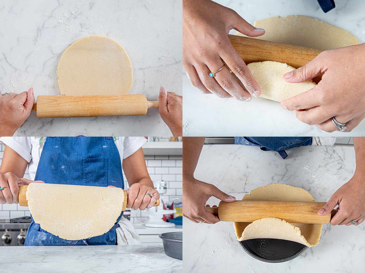 Four Image collage of rolling out dough and then using the rolling pin to transfer the dough to the baking pan