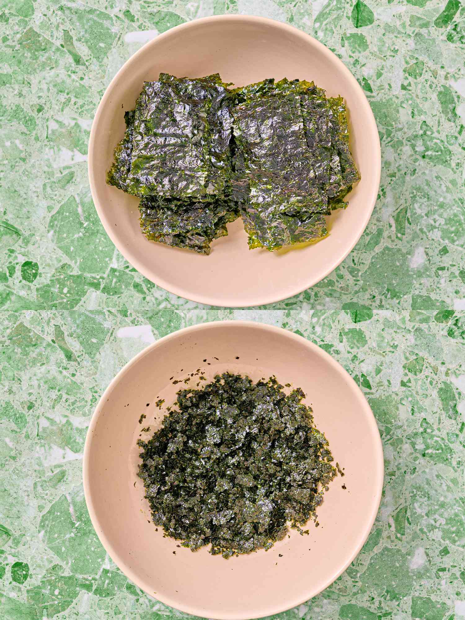 Two image collage of breaking up seaweed