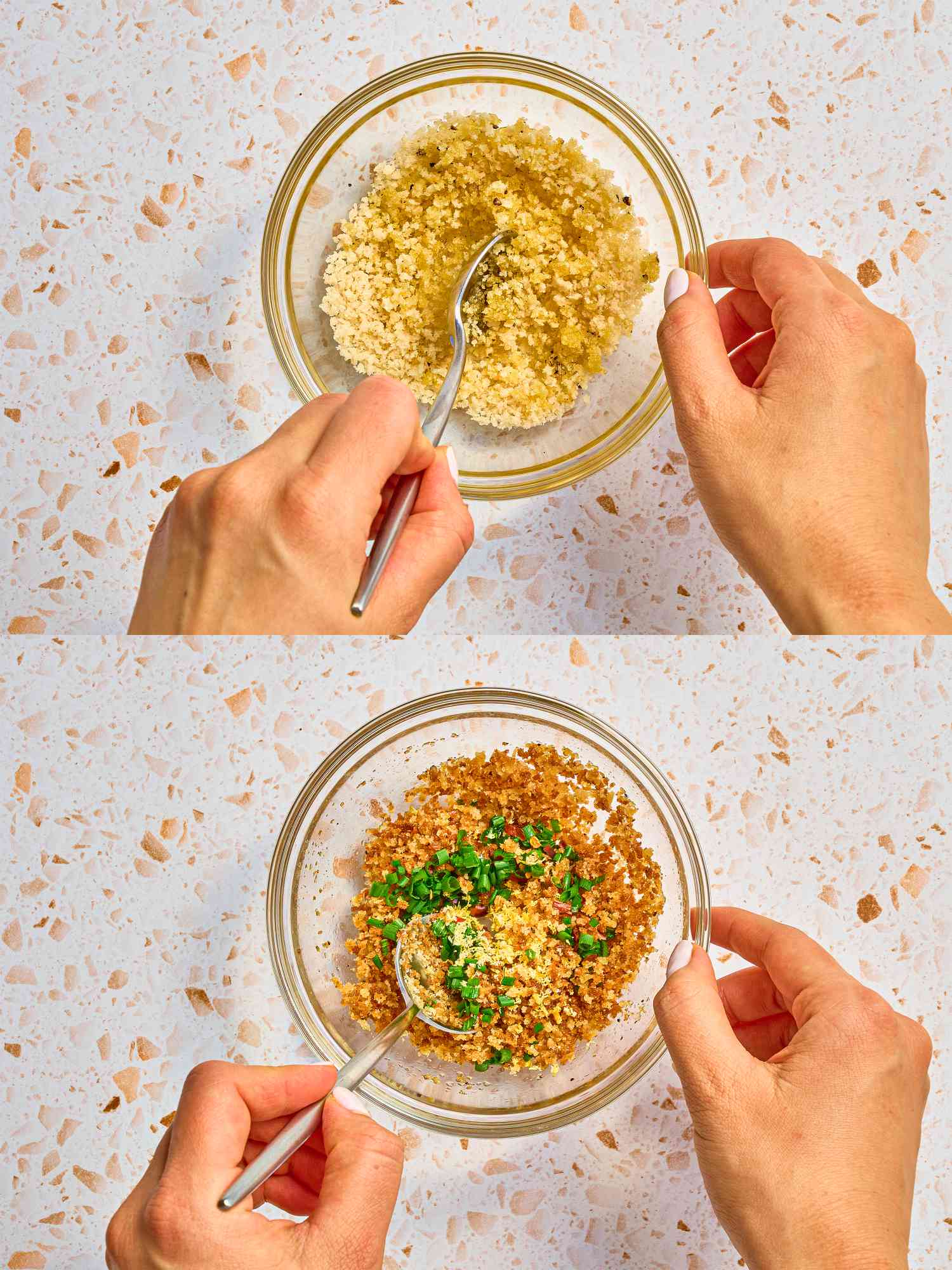Two image collage of making seasoned breadcrumbs