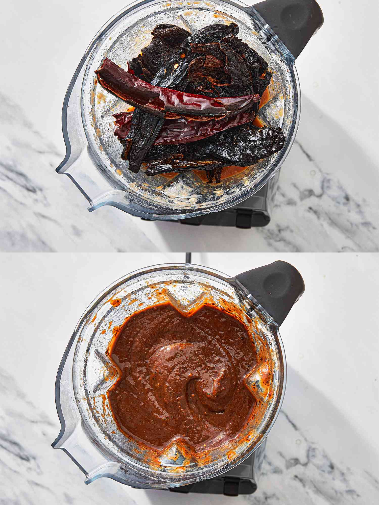 Ingredients for mole negro before and after blending, in a transparent blender container