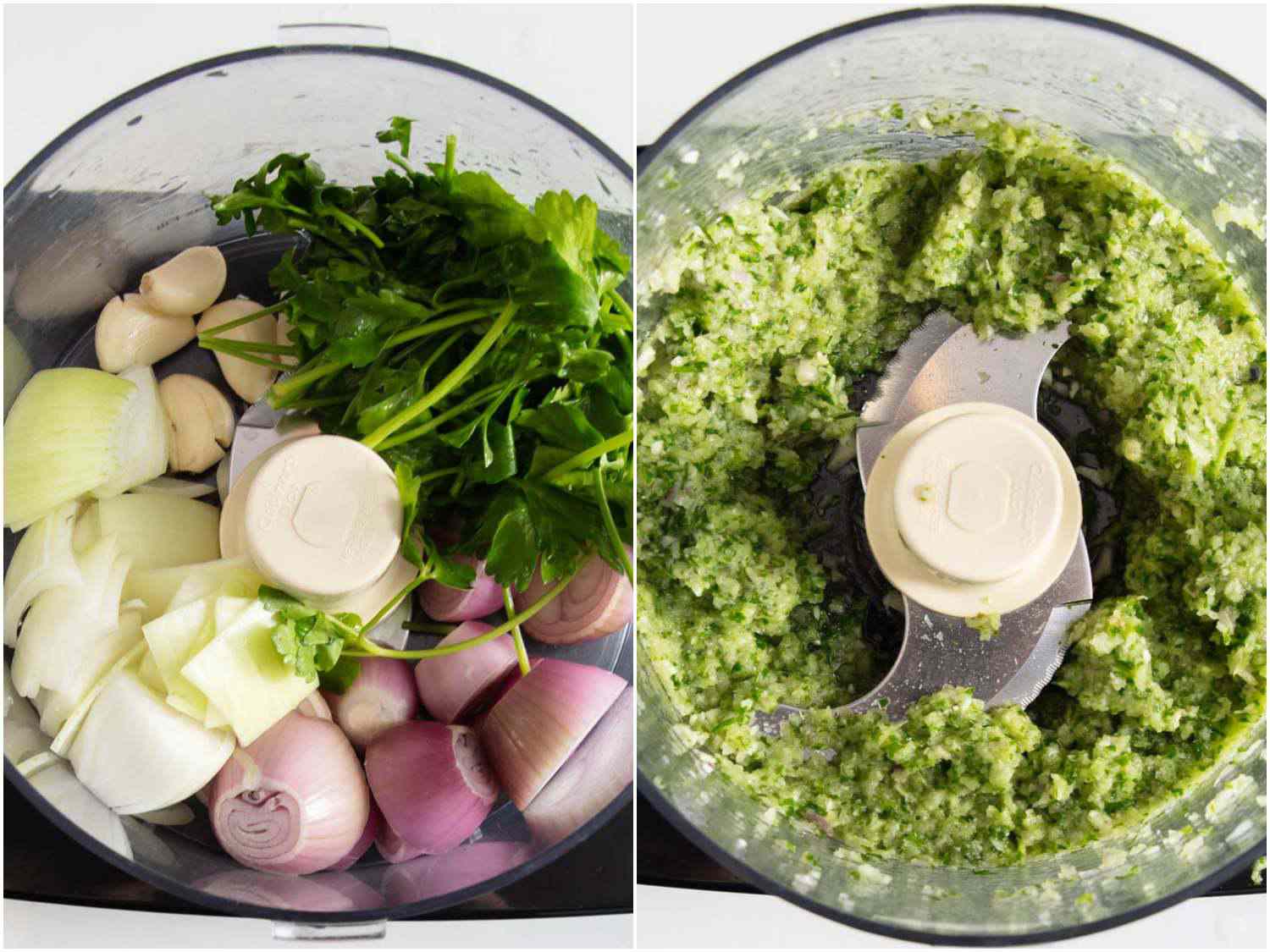 A collage of two photos. The first photo shows shallots, chopped onions, garlic cloves and parsley in the bowl of a food processor. The second photo shows the finely chopped vegetables after being processed.