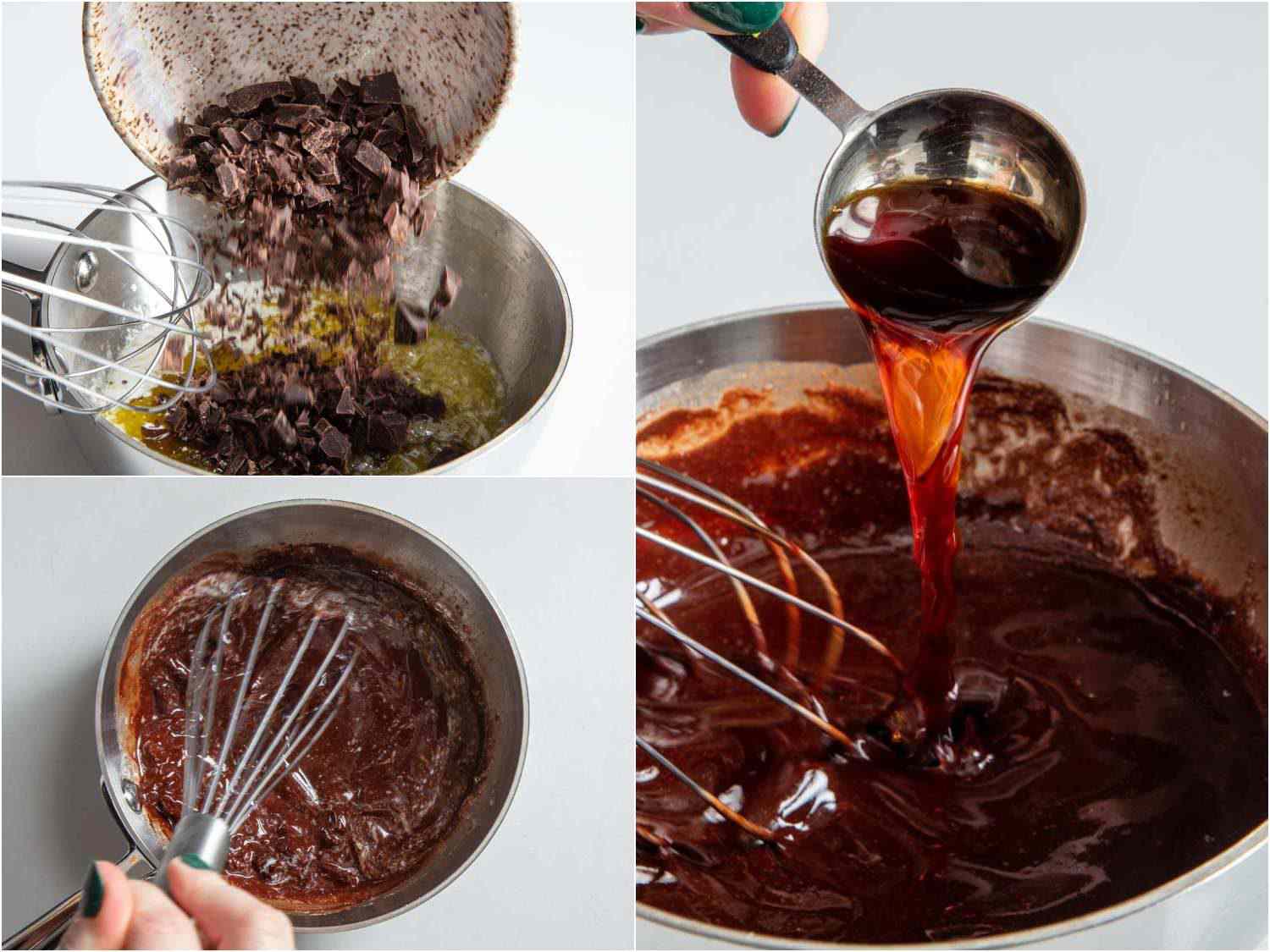 A collage: adding chocolate and vanilla extract to melted butter and mixing with a whisk to combine. 