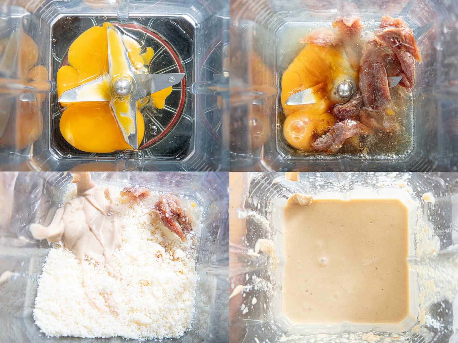 Four image collage of making caesar mayo in blender