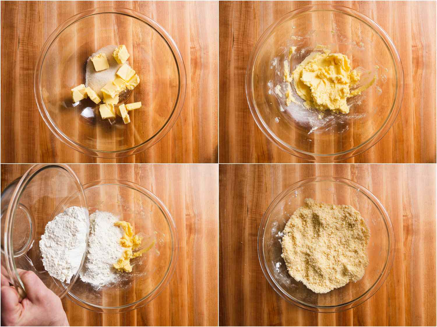 collage: mixing dry ingredients with butter to create a crumbly mixture