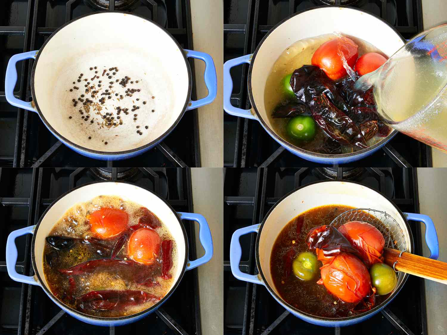 Four image collage of building consome base in dutch overn