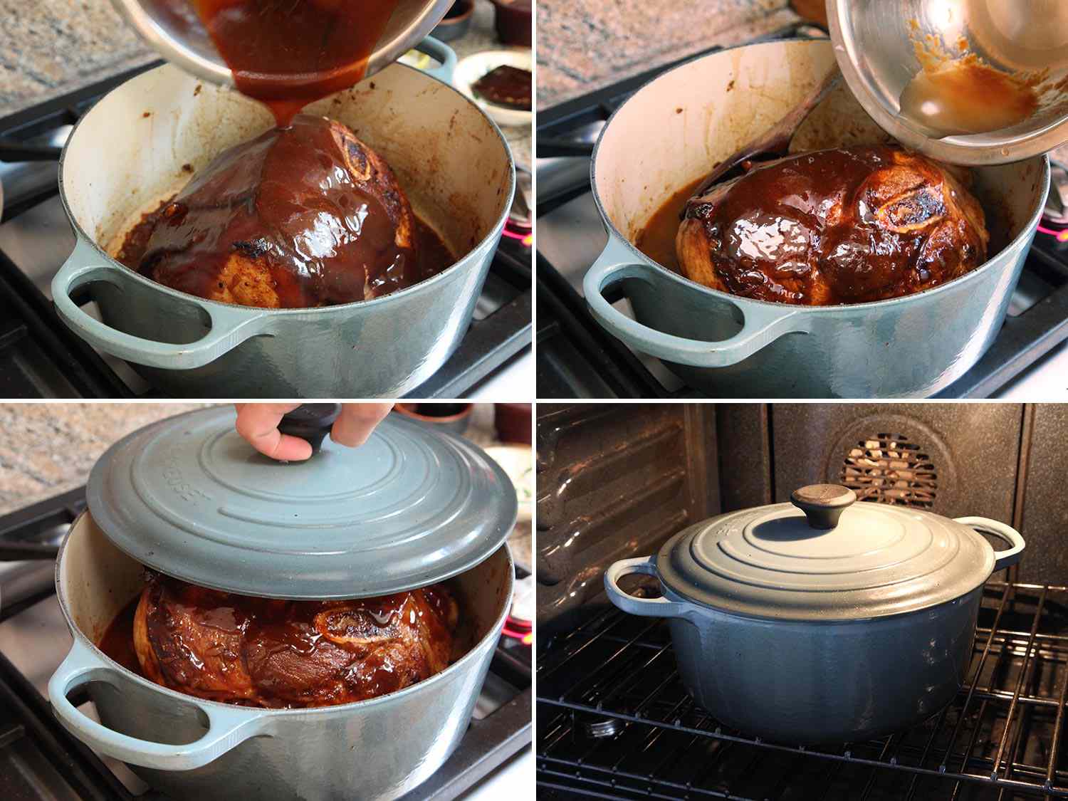 A collage of four images with the pork being covered in a sauce at various stages. The top left image has sauce being poured over the pork in a Dutch oven. The top right image has chicken stock being poured over the pork in the Dutch oven. The bottom left image has the pork being covered with a Dutch oven lid. The bottom right image has the Dutch oven covered and placed in the oven.
