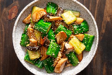 Overhead view of wok stir fried vegetables