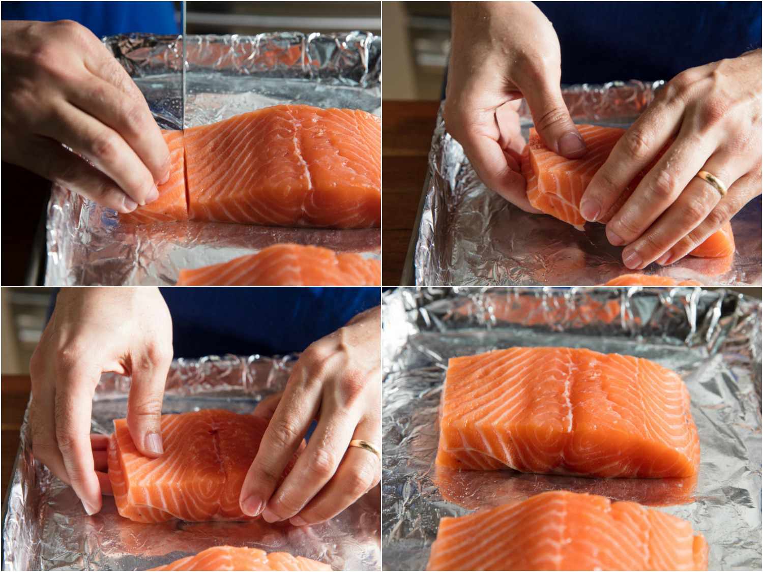 A four photo collage showing prepping salmon the same way: scoring the fillet so that the think tail part may be folded under to create a piece with a similar thickness.