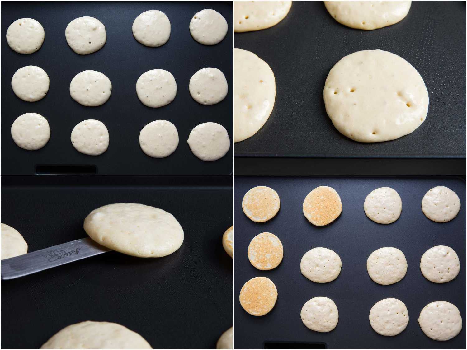 Process shots of cooking yeasted blini on a griddle