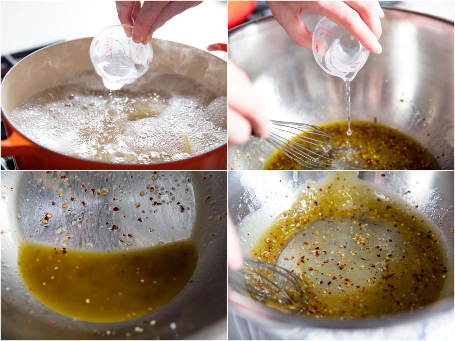 Emulsifying the colatura-olive oil mixture with pasta water.