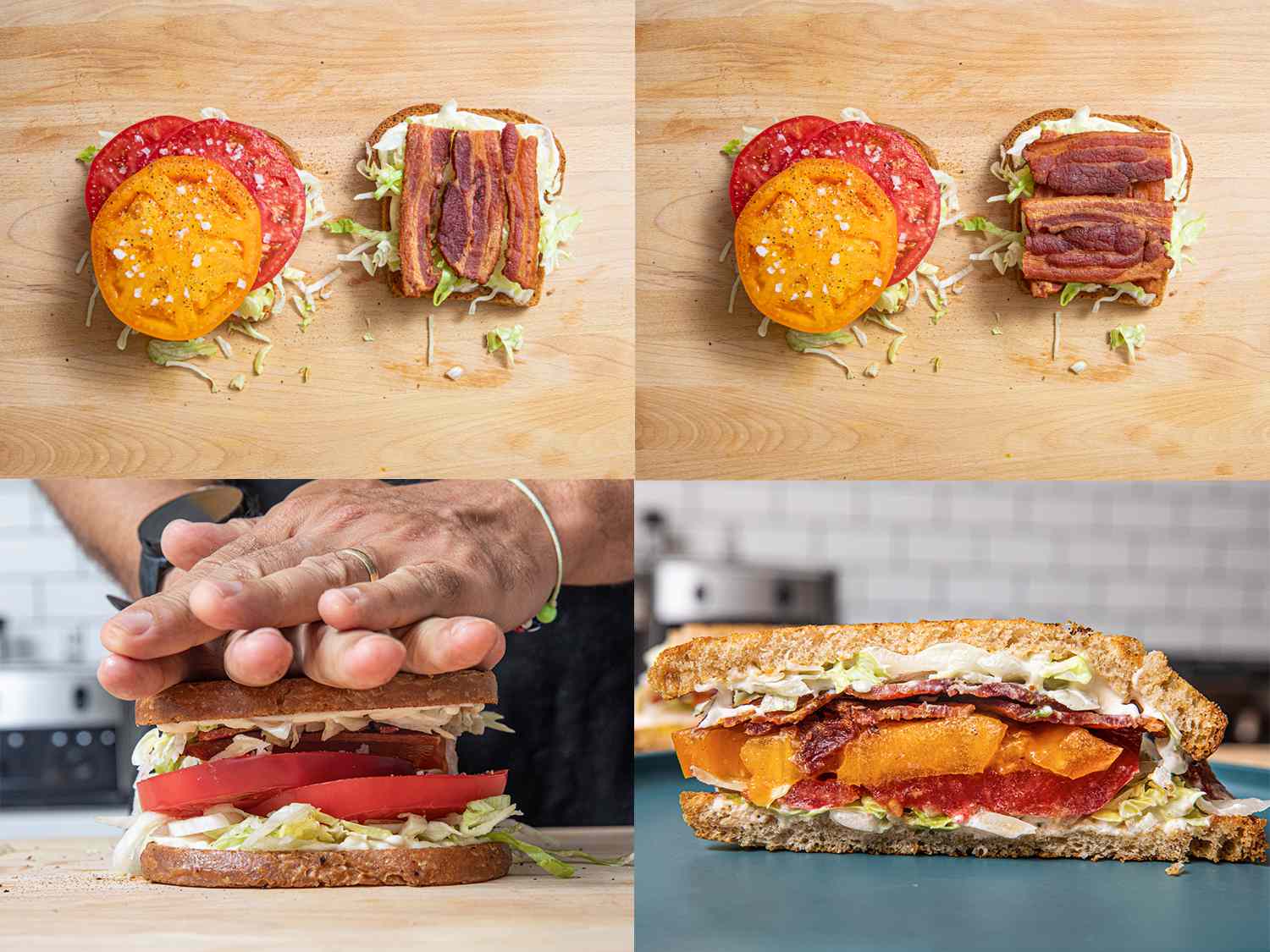 Four Image Collage. Top Left: Overhead view of two sides of a blt with salted tomato on one side and three strips of bacon on the otherside. Top Right: Three more slices of bacon added to the open sandwich. Bottom Left: Two hands pressing down on completed BLT. Bottom Right: Cross section of the sandwich