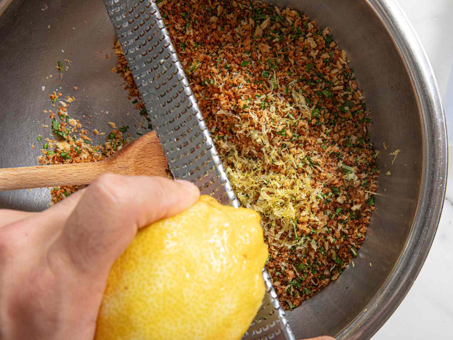 Overhead view of making breadcrumbs