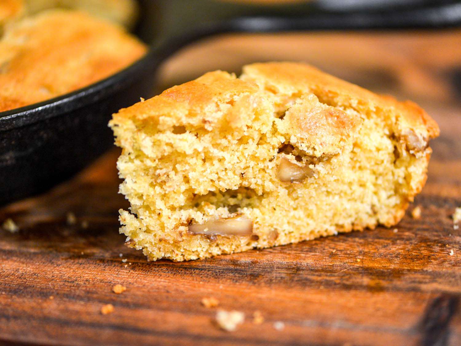 Cross-section view of maple walnut cornbread.