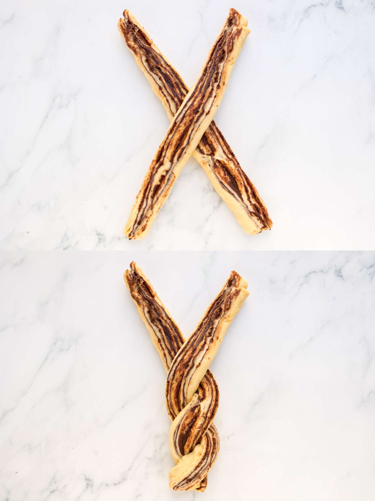 2 image collage. Top: The two dough halfs crossed in the shape of an X. Bottom: The two dough sliced twisted around itself 
