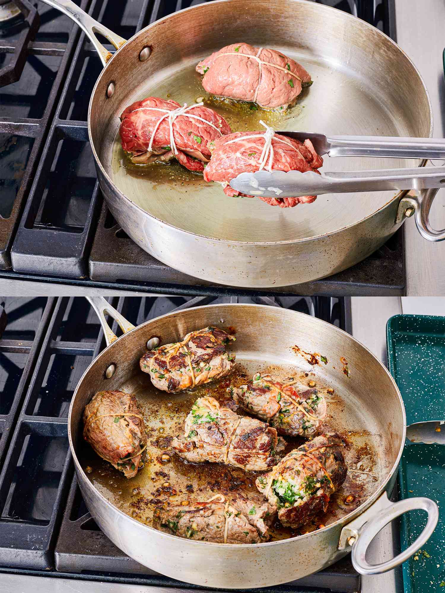 Two image collage of braciole bundles browning in pan