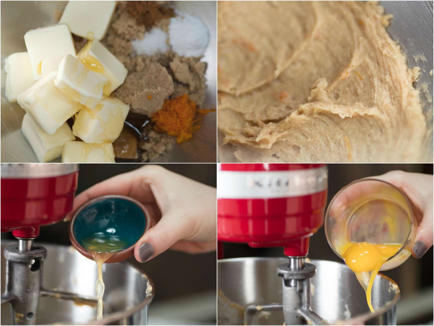 A 4-image collage of making dough in a stand mixer for fig newtons: combining butter, sugar, and spices in the working bowl, creaming them until smooth and fluffy, adding orange juice, followed by egg yolks. 