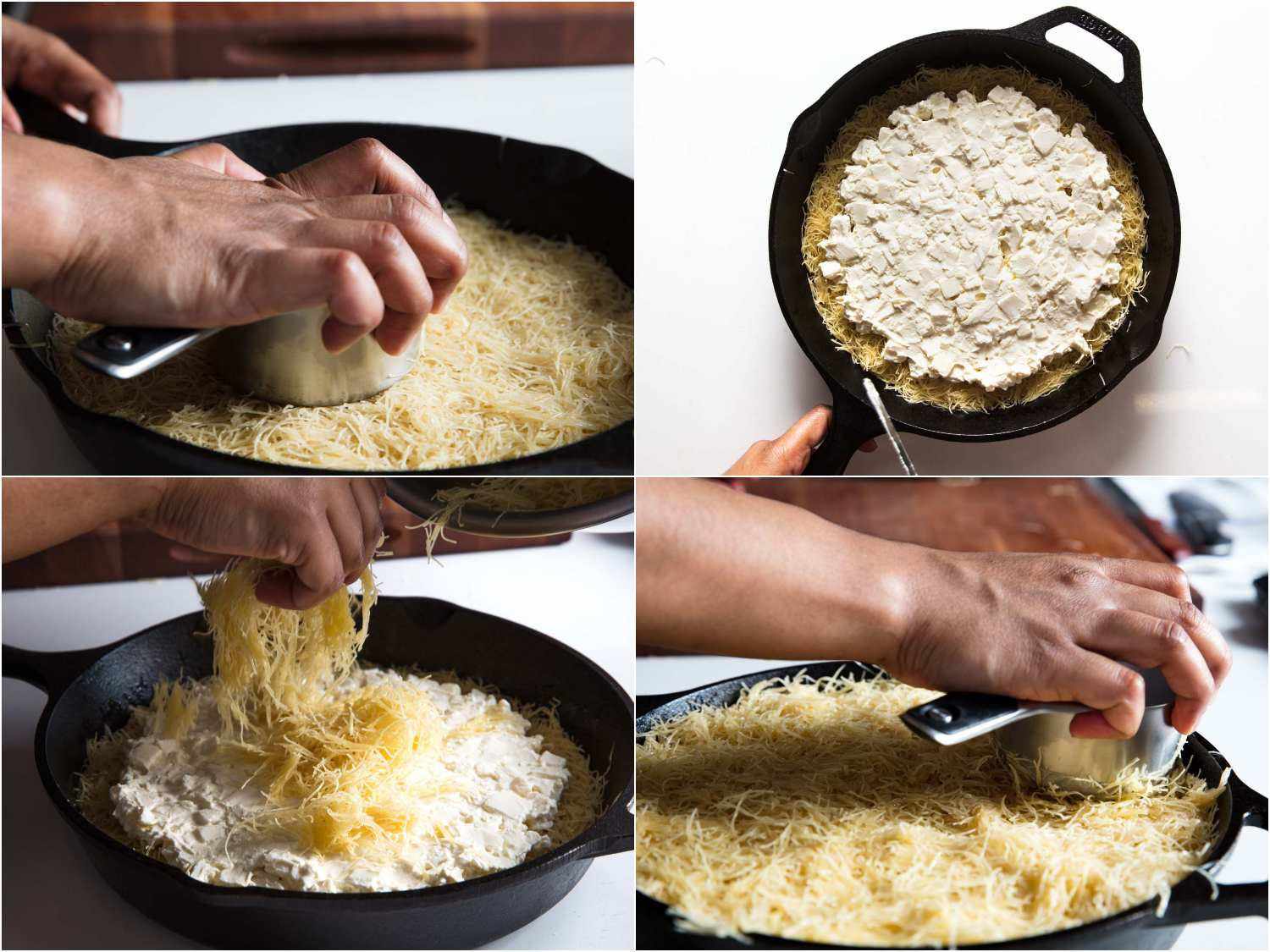 making kanafeh, pressing shredding phyllo into pan and spreading with cheese