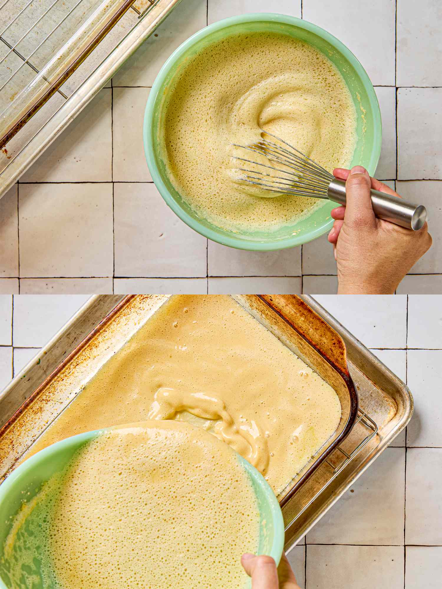 Whisking batter in a bowl and pouring it into a rectangular baking dish on a tray