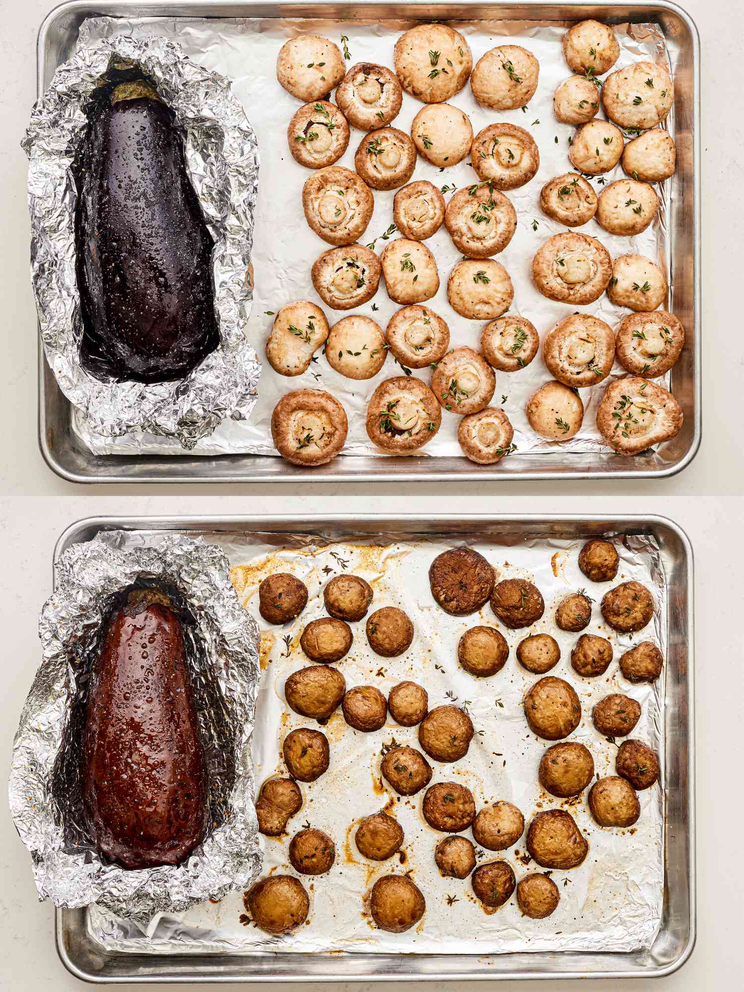 Two image collage of eggplant and mushrooms before and after being baked