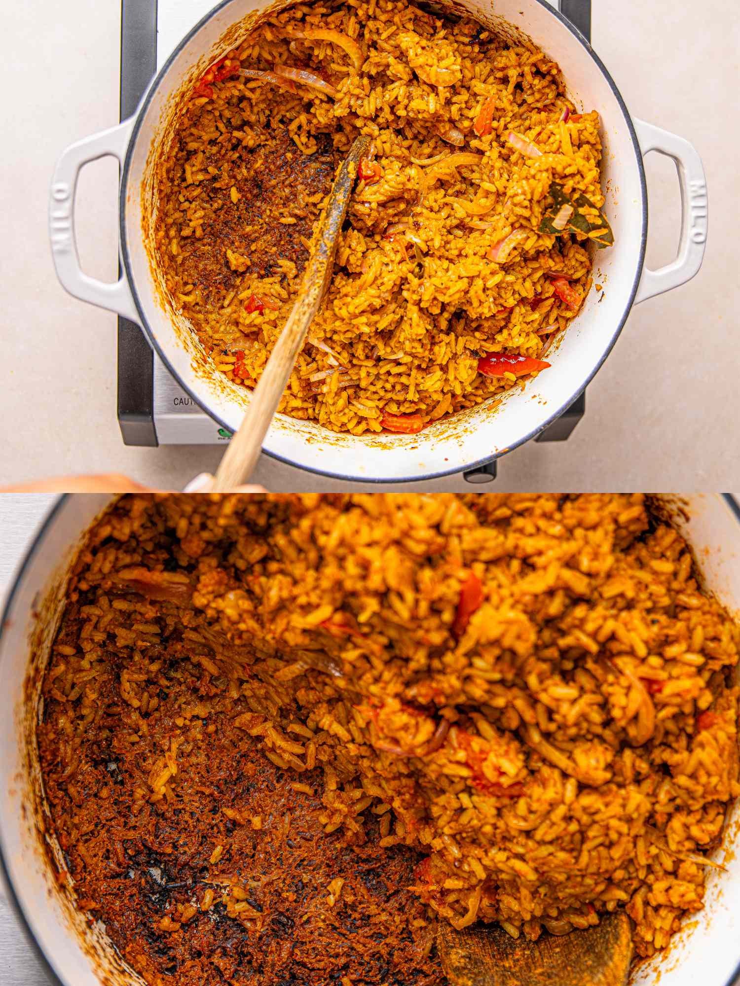 A pot of jollof rice with a wooden spoon showcasing the cooked dish and caramelized bottom layer