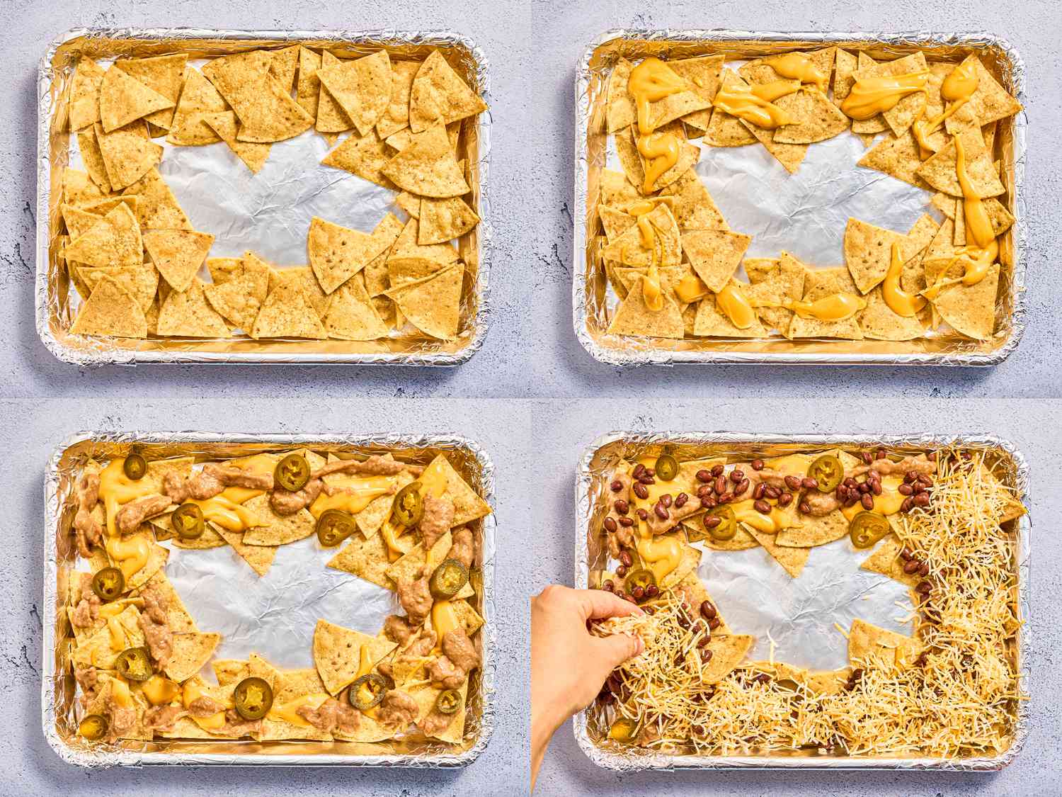 4 image collage. Top left: 1/2 of chips lined on foil lined sheet pan. Top Right: Chips on foil lined sheetpan, drizzled with cheese sauce. Bottom Left: chips topped with beans and jalapenos. Bottom Right: shredded cheese on top of nachos on sheet pan. 