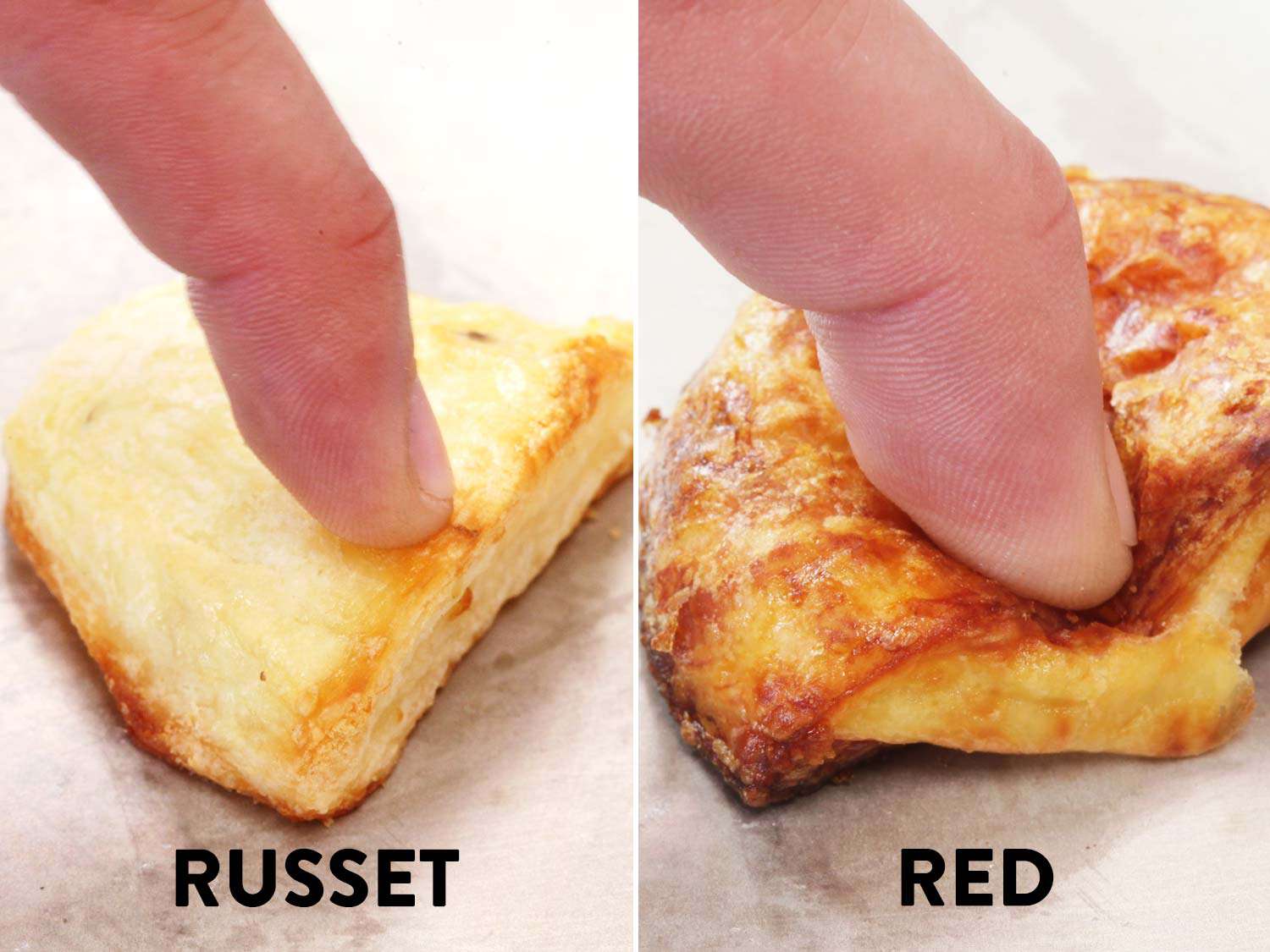 Pressing a finger into roasted russet and red potatoes to compare firmness.