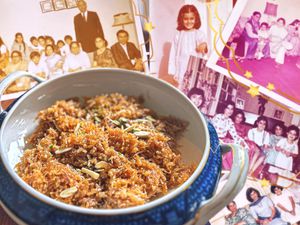 A dish of food along with family photos from Sumayya Usmani