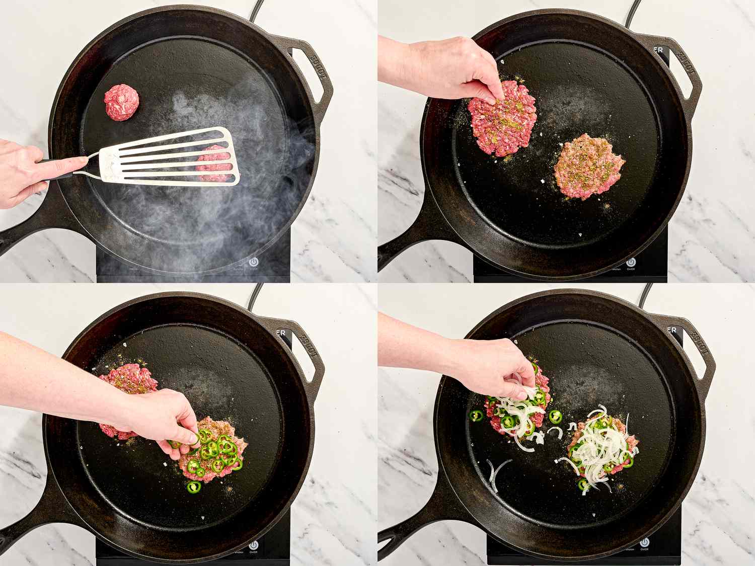 Step-by-step process of making a smash burger on a stovetop using a skillet