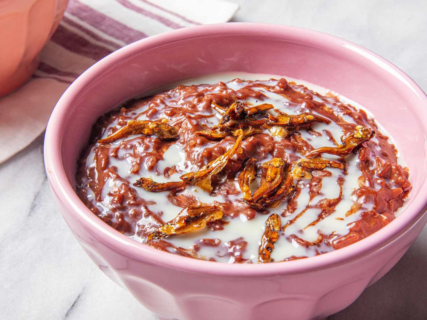 Side angle view of a finished bowl of Champorado