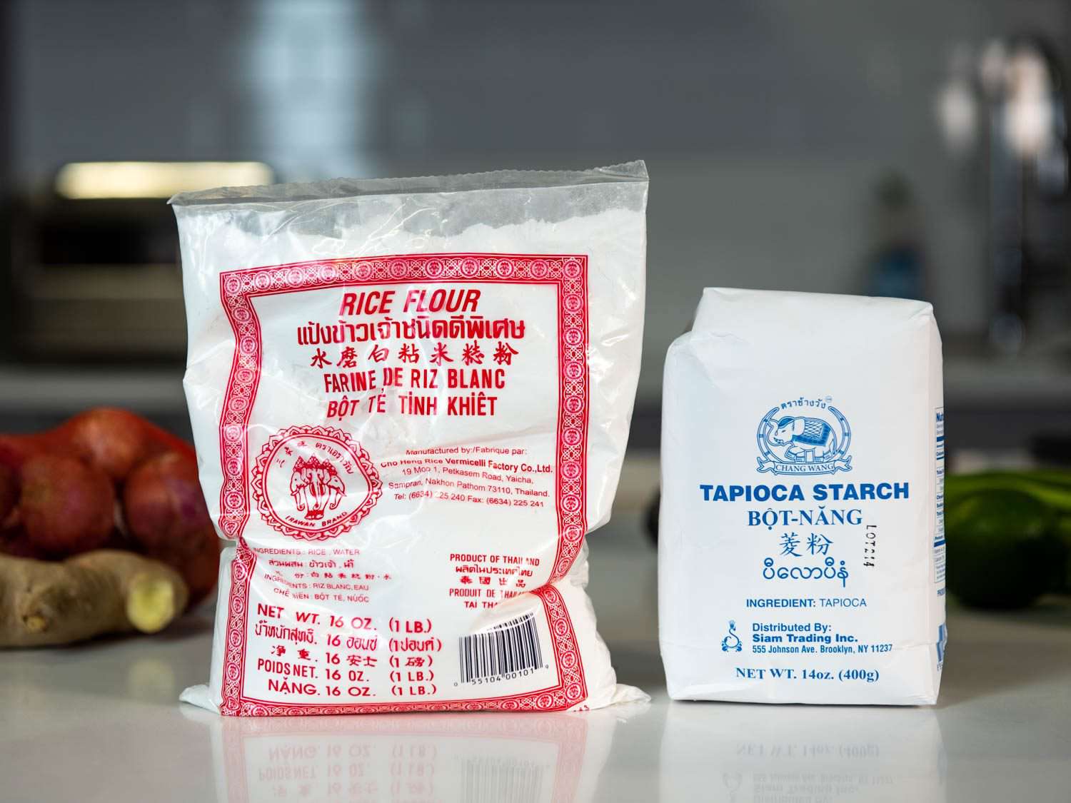 Bags of rice flour and tapioca flour; they will be used to make the slippery noodles for Lao soup khao piak sen.