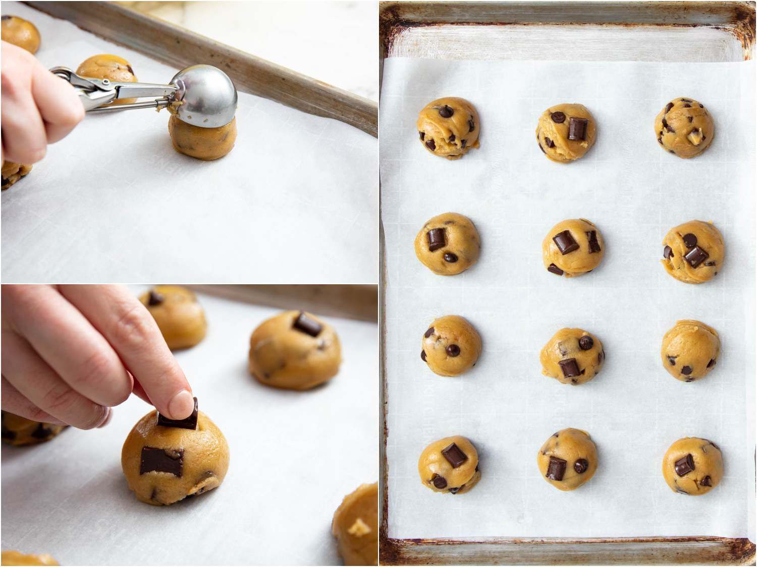 Portioning the cookie dough onto a parchment lined baking sheet, using a stainless steel cookie scoop, and garnishing each piece with a few extra chocolate chips