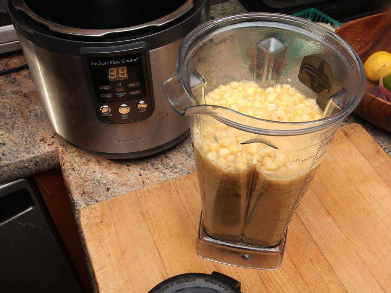 Pressure-cooked corn mixture in a blender pitcher