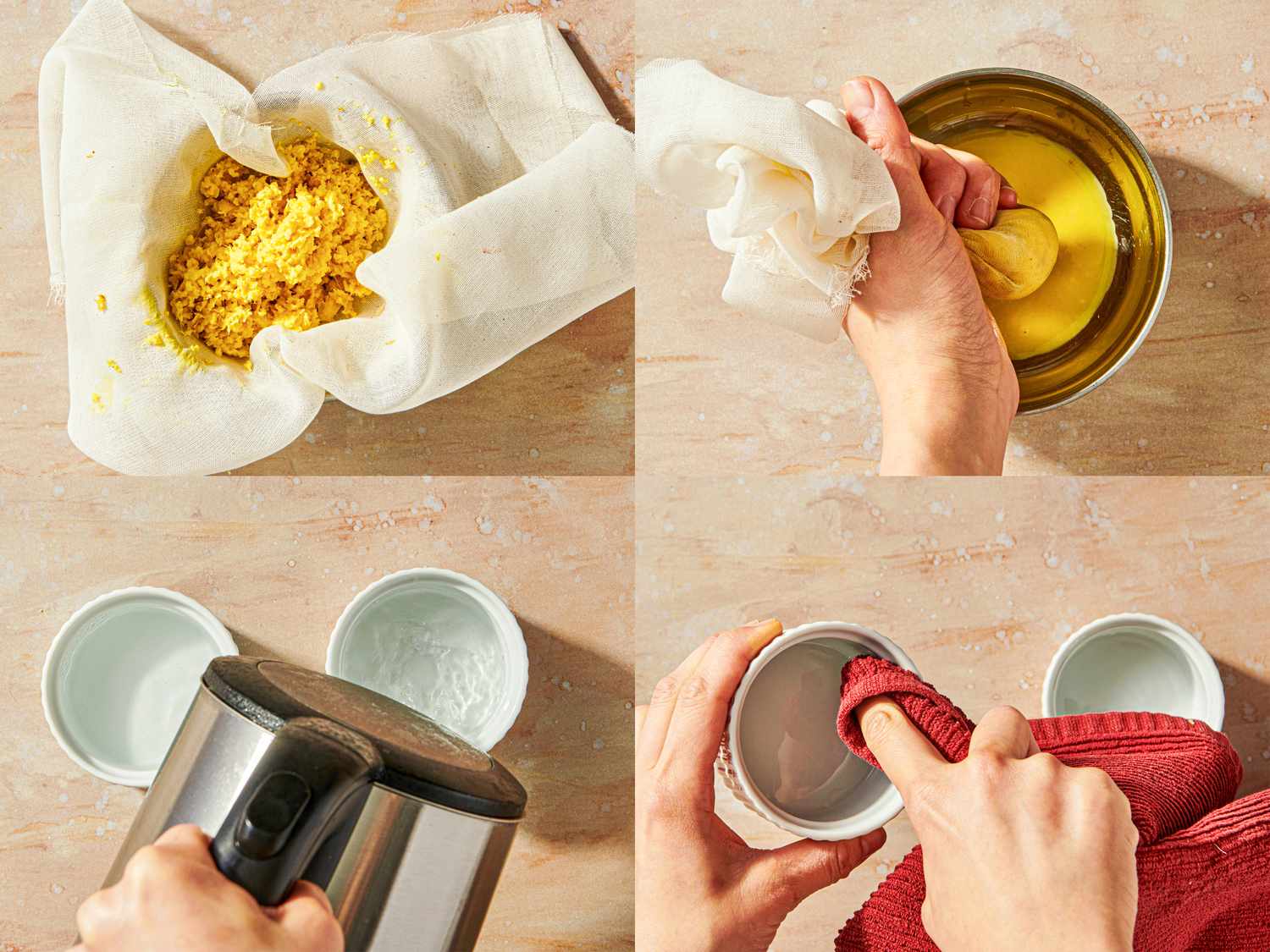 Steps in preparing a ginger pudding including straining liquid pouring water and sealing containers with fabric