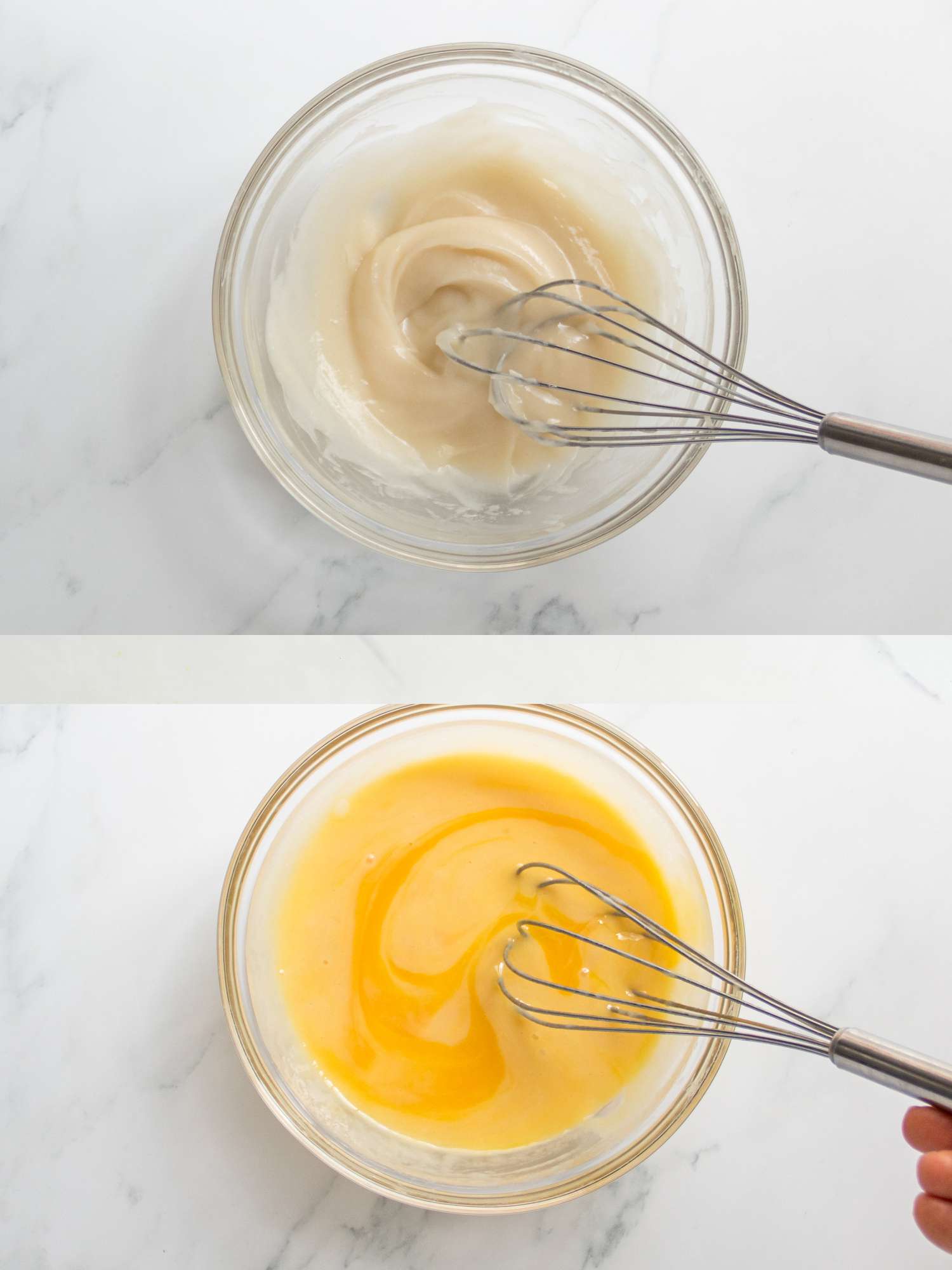 Two image collage. Top: Flour mixture as a pudding like consistency in a glass bowl. Bottom: Whisking egg yolks into the mixture in a glass bowl 